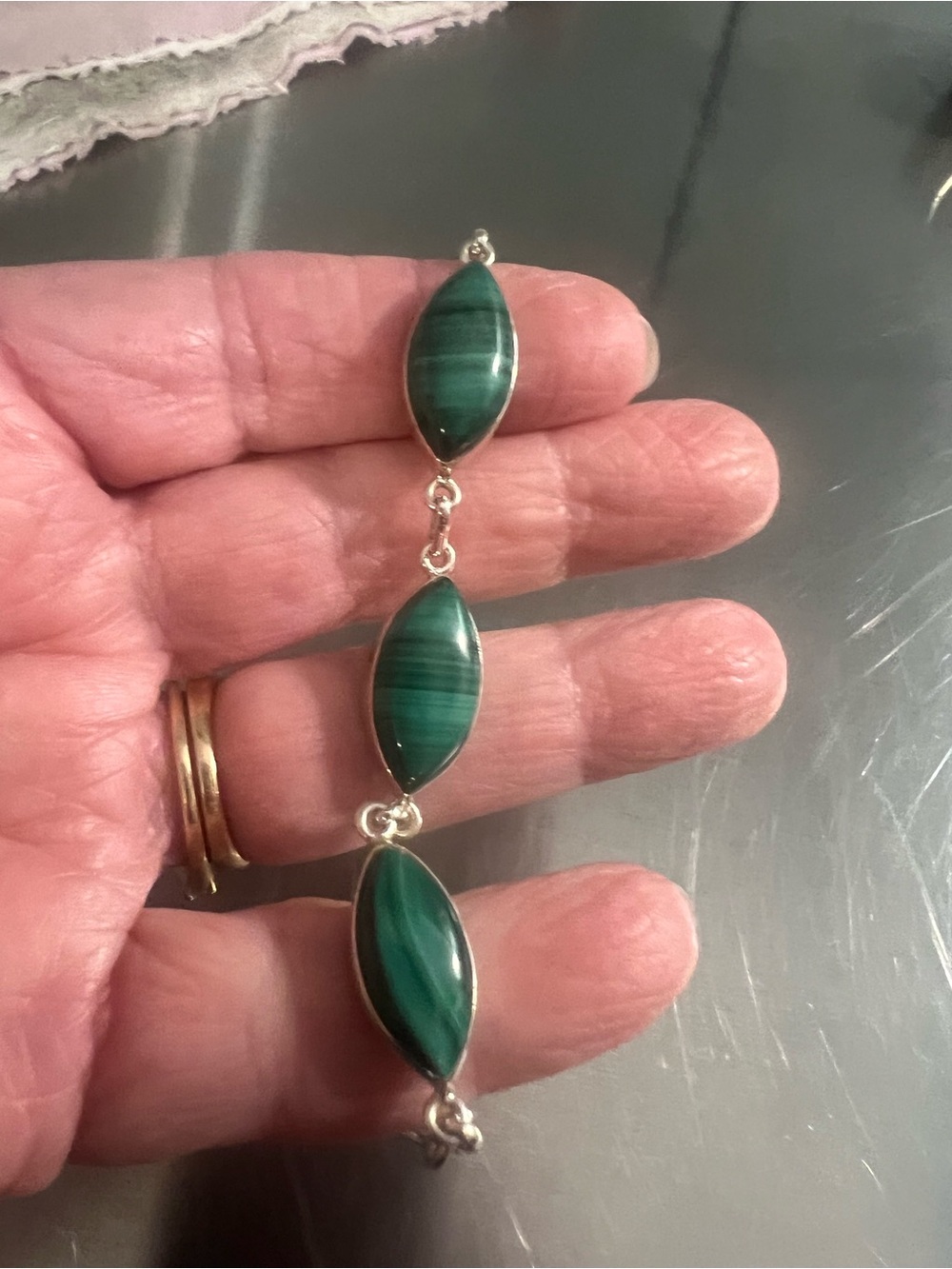 Sterling Silver Green Malachite Link Bracelet -